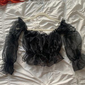 BLACK ORGANZA RUFFLE BARDOT FLARED SLEEVE BLOUSE